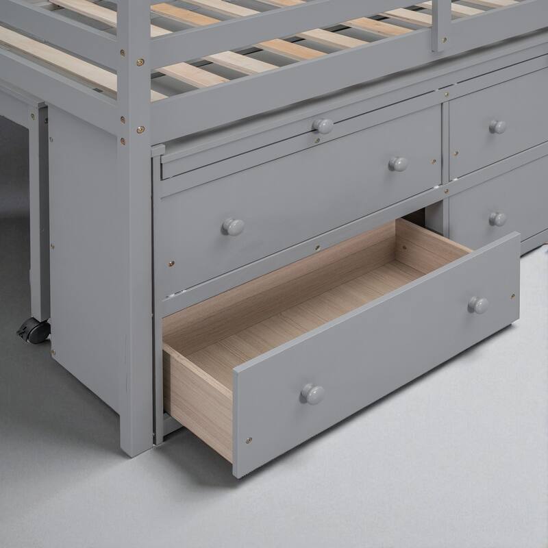 Twin Loft Bed with Retractable Desk, 4 Drawers and Shelves, Wooden Study Storage Bed for Kids Teens