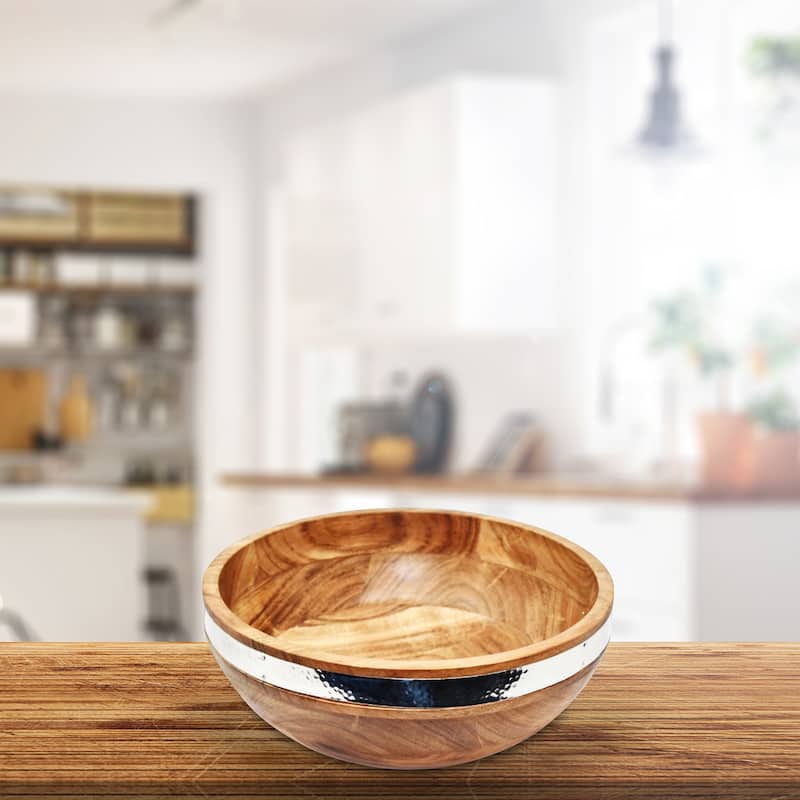 IH Casa Decor Natural Acacia Wood With Hammered Nickel Salad Bowl - Brown