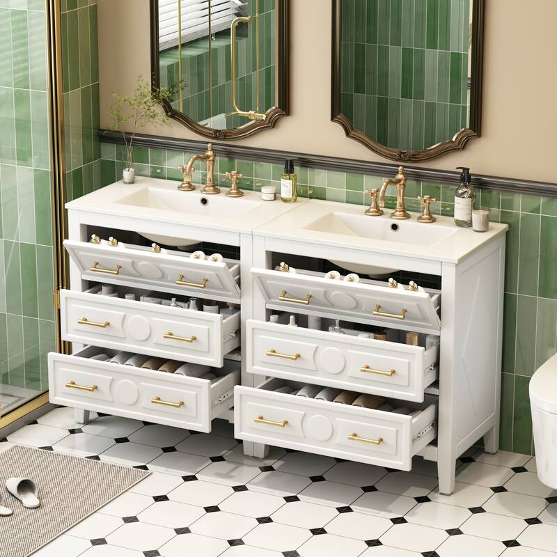 60" Bathroom Vanity with Ceramic Sink - Free Standing Solid Wood Storage Cabinet, 3 Drawers, Single Sink Vanity Set