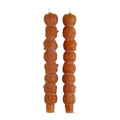 Rustic Pumpkin Stack Taper Candles - Set of 2, 10in H, Fall Decor, Orange Wax, Perfect for Autumn Home Styling