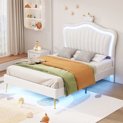 Modern PU Upholstered Princess Bed Frame With LED Lights and Crown Headboard