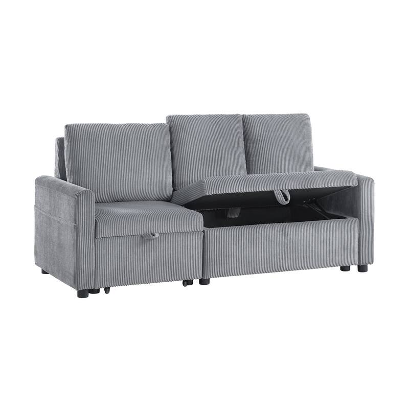 70"W Gray Corduroy Sofa with Pull-Out Chaise, Underseat Storage, Side Pocket