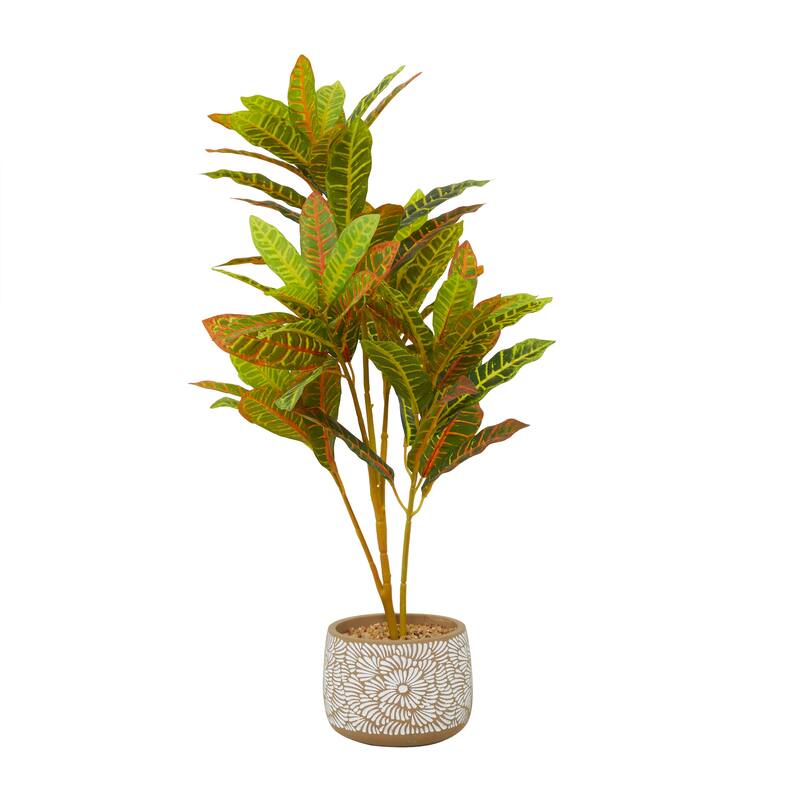 Green Faux Foliage Crotons Artificial Plant with Realistic Leaves and Floral Patterned Pot - 16"L x 18"W x 30"H