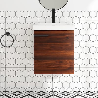 18 inch Plywood Wall Mounted Bathroom Vanity Set in Imitative Oak with Integrated Ceramic Sink