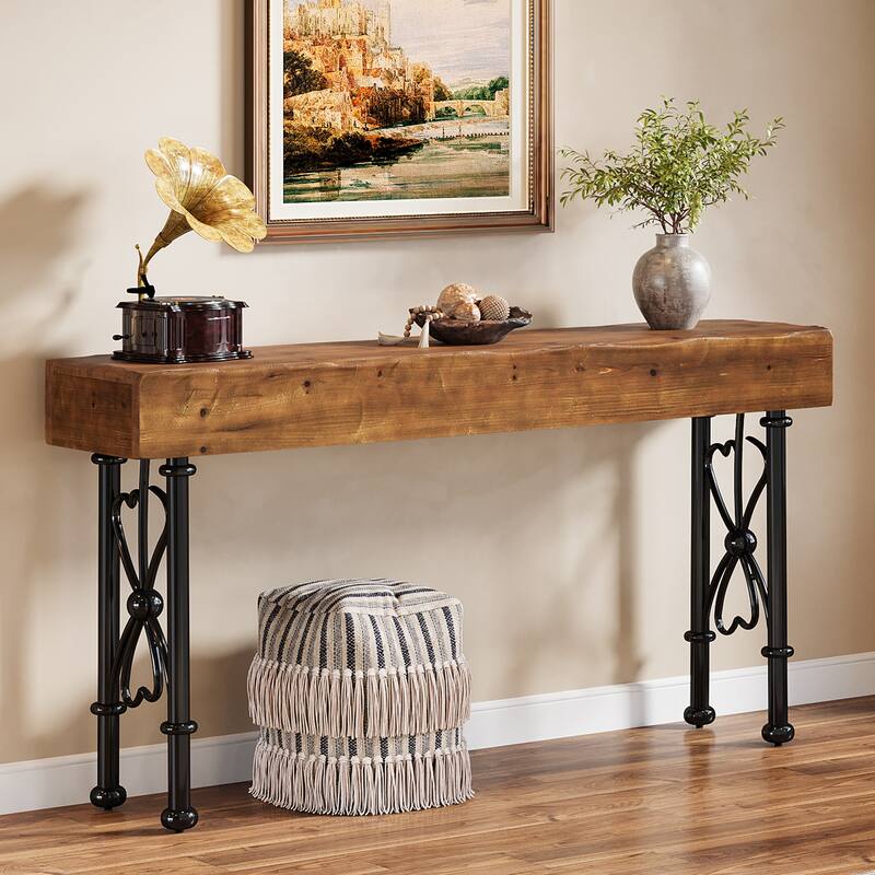55" Farmhouse Console Table with Solid Wood Tabletop for Entryway - Brown + Black