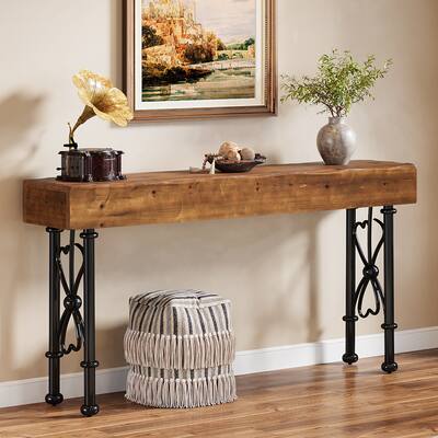 55" Farmhouse Console Table with Solid Wood Tabletop for Entryway