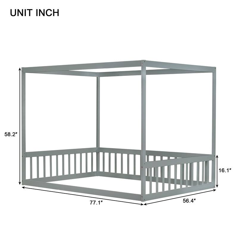 Full Size Wooden Canopy Floor Bed with Guardrails, Rubber Wood Frame Fence Design, Safe Montessori Bed