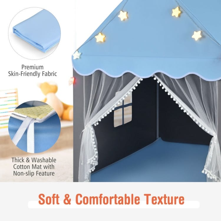 Kids Playhouse Tent with Star Lights and Mat-Blue - 41.5" x 48" x 53.5" (L x W x H)