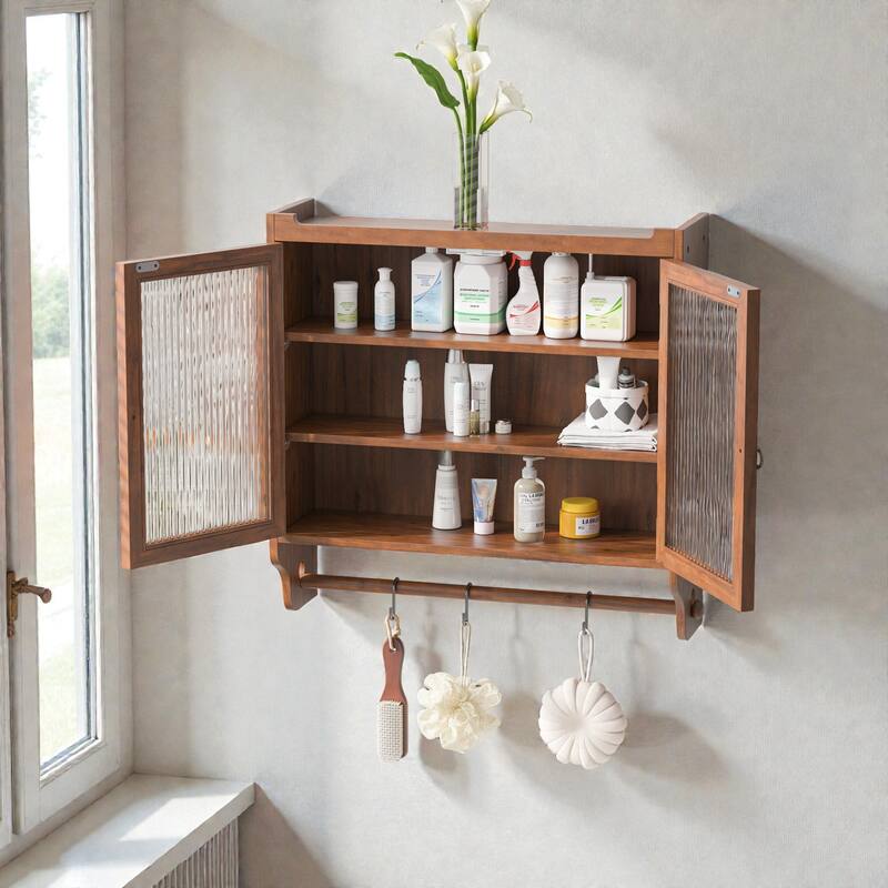 24.8" Vintage Wall Cabinet with Glass Double Doors, 3-Tier Storage and Towel Rack, Solid Wood Bathroom Kitchen Cabinet