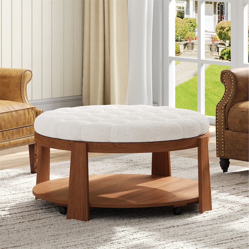 Anmytek 2 Tier Modern Large Round Tufted Ottoman Coffee Table Waterproof Linen Wood Storage Shelf With Wheels