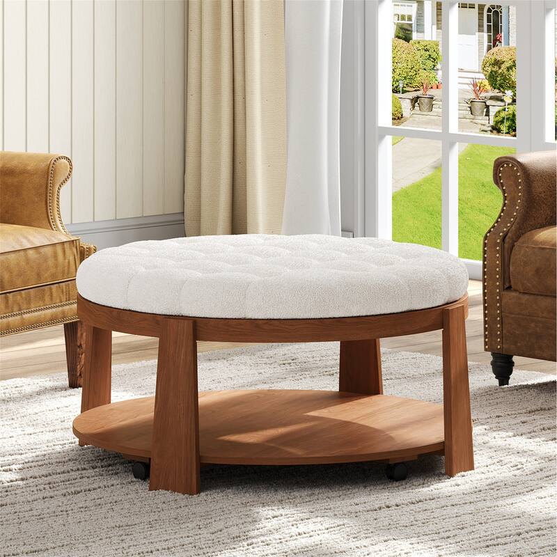 Modern Round Ottoman Coffee Table with Wood Shelf Storage Upholstered Coffee Table for Living Room Footrest Ottoman with wheel
