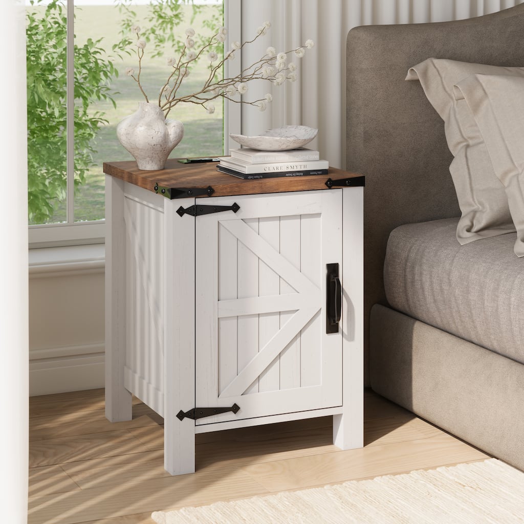 Farmhouse Nightstand with Charging Station, End Table with Barn Door