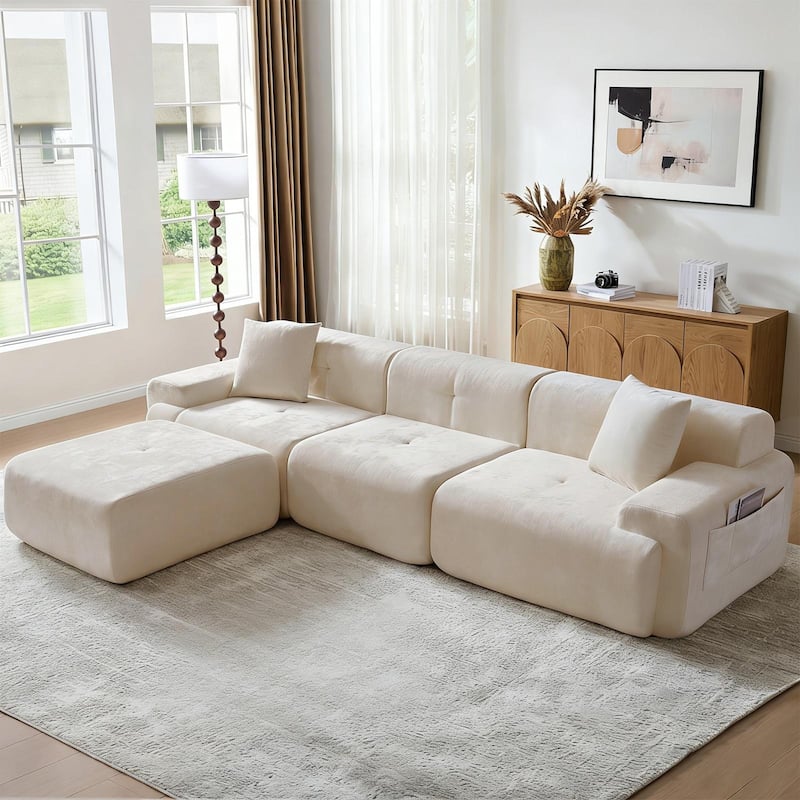 118 inch Oversized 3 Seater L-Shaped Chenille Boneless Modular Sectional Sofa Couch with Movable Ottoman - Beige