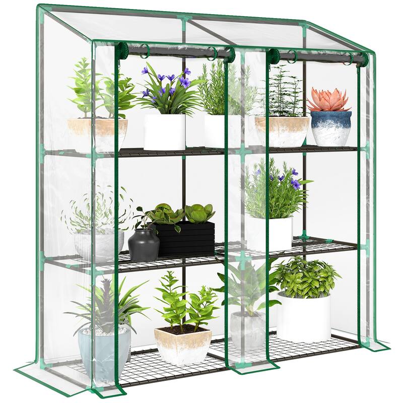 Outsunny 3 Tier Lean-to Greenhouse with 2 Roll-Up Zippered Doors,Portable Small Greenhouse, Clear - Portable