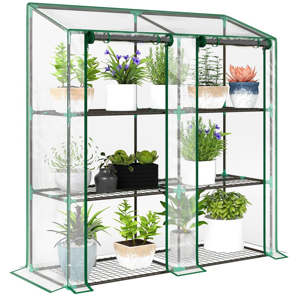 Outsunny 3 Tier Lean-to Greenhouse with 2 Roll-Up Zippered Doors,Portable Small Greenhouse, Clear