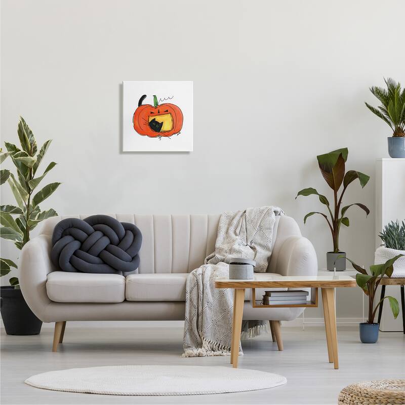 Stupell Black Cat Jack-O-Lantern Happy Festive Pumpkin Canvas Wall Art - Orange