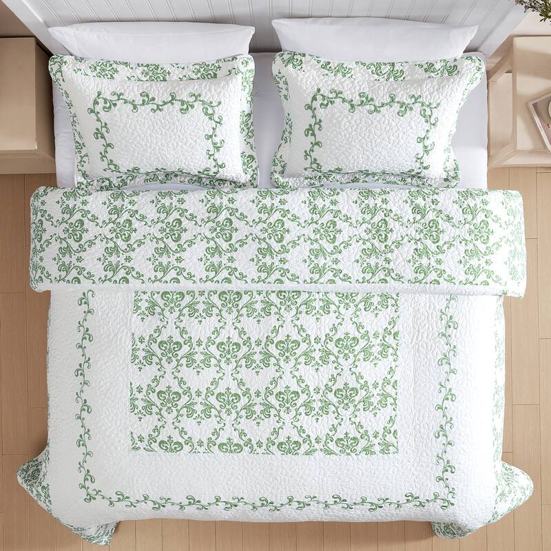 Lovely Damask Embroidered Quilted Bedspread
