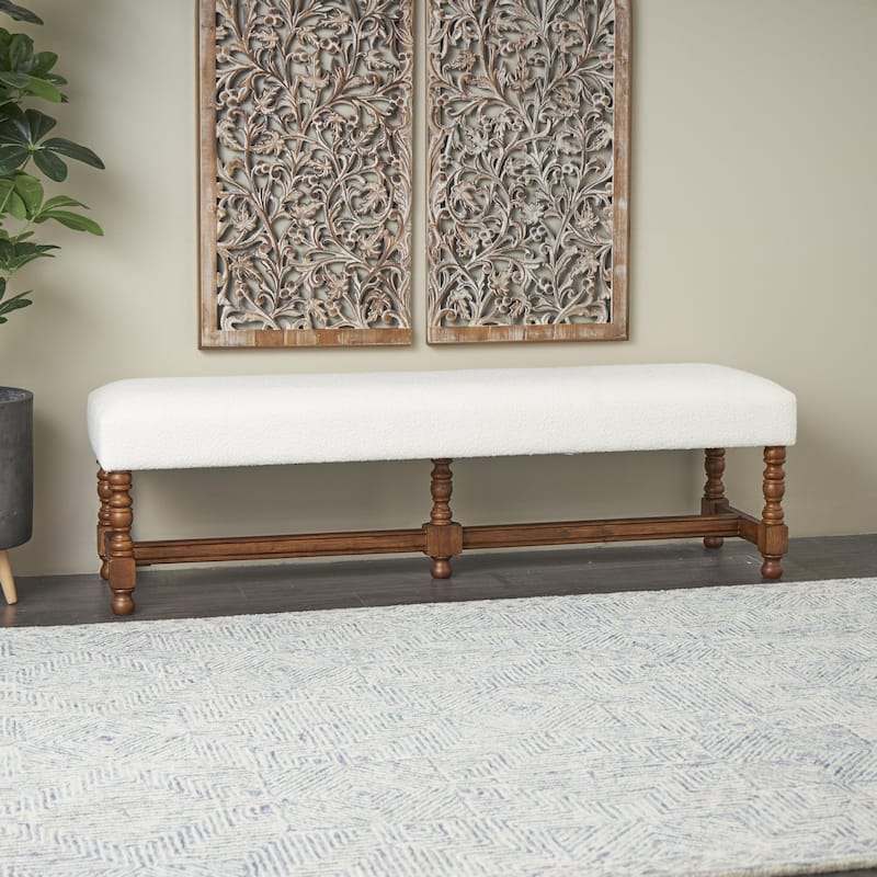 Fabric Home Bench with Brown Traditional Wood Turned Legs - Cream - Roche River Decor