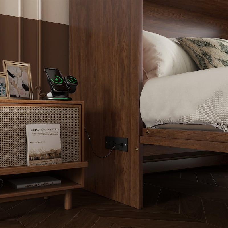 Queen Size Murphy Bed with Drawer Pine Wood Cabinet Bed with Power Station and Rattan Decoration Panel