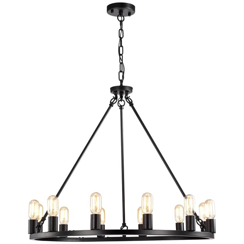Matte Black 12-Light 35 Inch Round Wagon Wheel Chandelier
