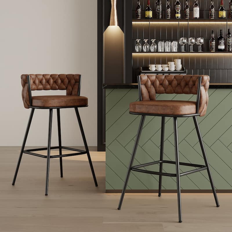 VECELO Counter Height Bar Stools with Woven Backrest 26.77" Seat Height Mid-Century Modern Upholstered Bar Chairs for Kitchen