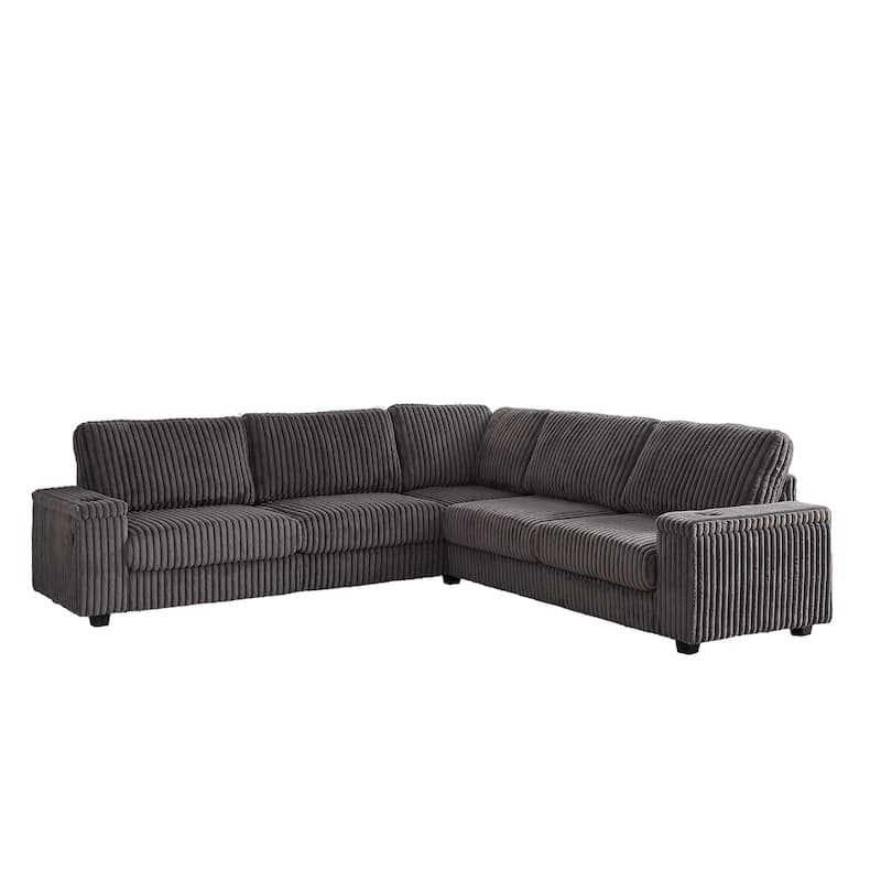 Dark Grey 110" Oversized Corduroy L-Shaped Corner Sectional Sofa with Storage Armrest, Cup Holder, USB & Type-C Ports