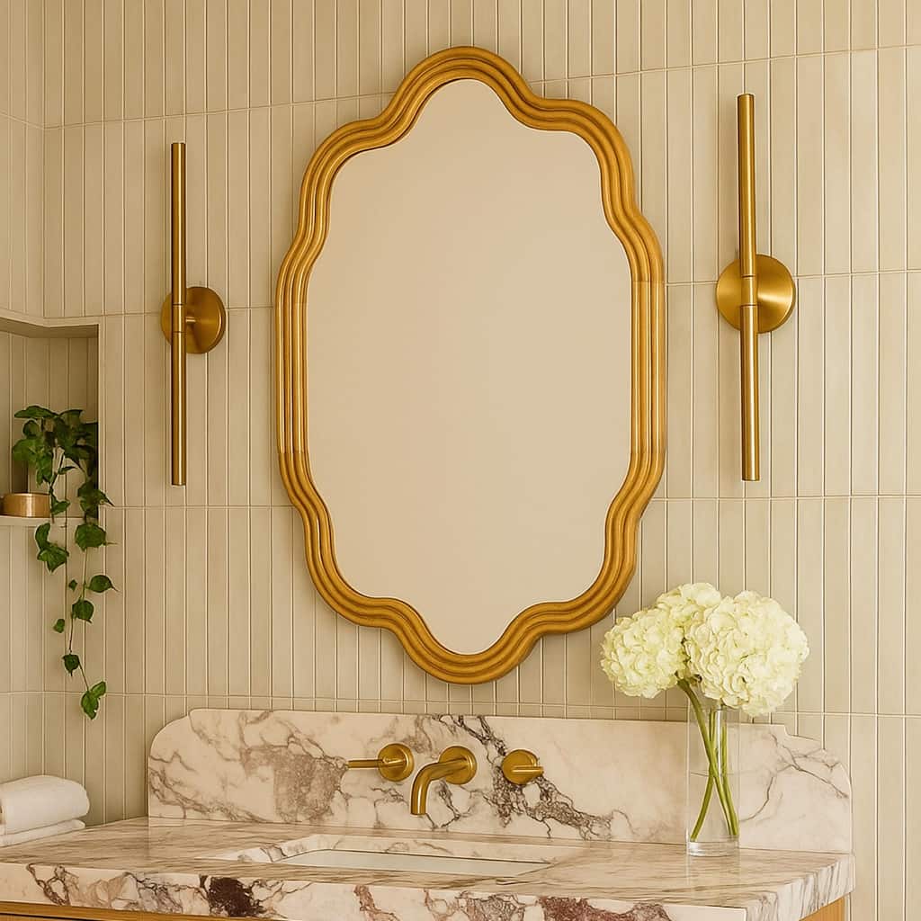 TEHOME 24''x36'' Irregular Wood Framed Mirror with Scalloped and Curvy Corners, Asymmetrical Natural Wood Bathroom Wall Mirror