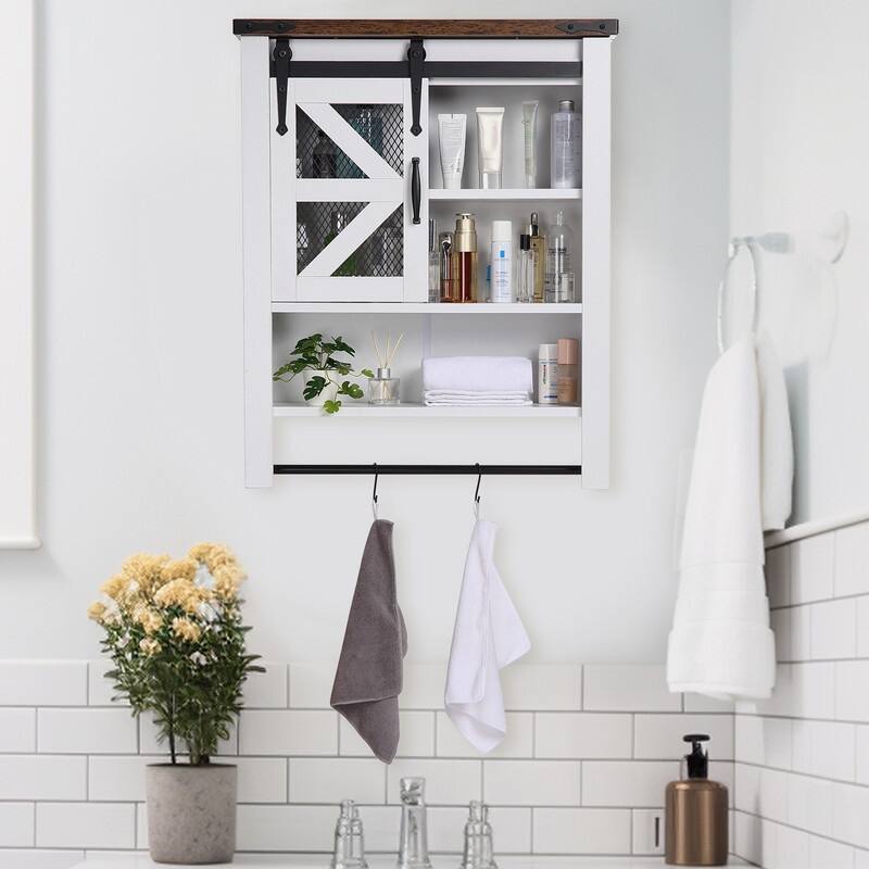 Bathroom Organizer Cabinet with Towels Bar & Hooks & Sliding Barn Door
