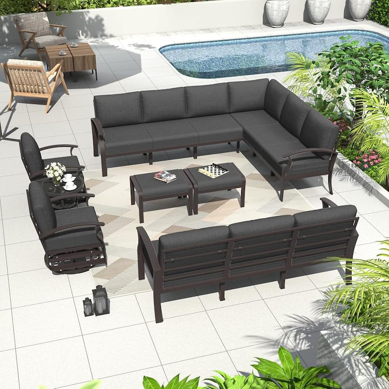 Kullavik Aluminum Corner Sofa Set, Patio Outdoor Sectional Sofa Set with Armrests and Footrests - 13 Seats/Swivel - Black