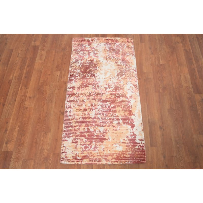 Hand Knotted Oriental Viscose Silk Carpet Modern All-Over Oranges & Rust Abstract Area Rug - 4' 0'' X 2' 0''