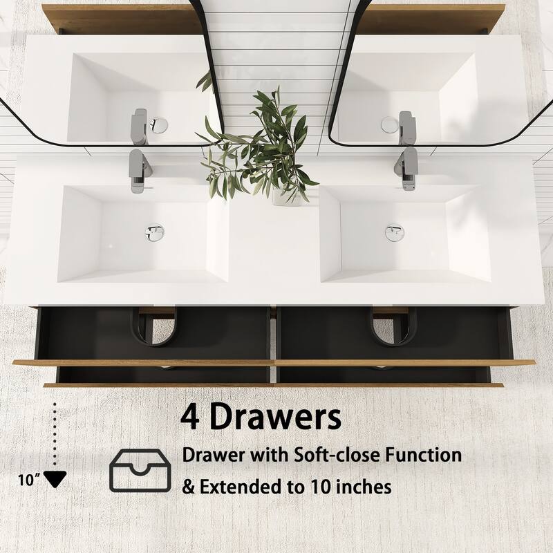 MDF Wall-Mounted Bathroom Vanity Set in Oak with Integrated Culture Marble Sink