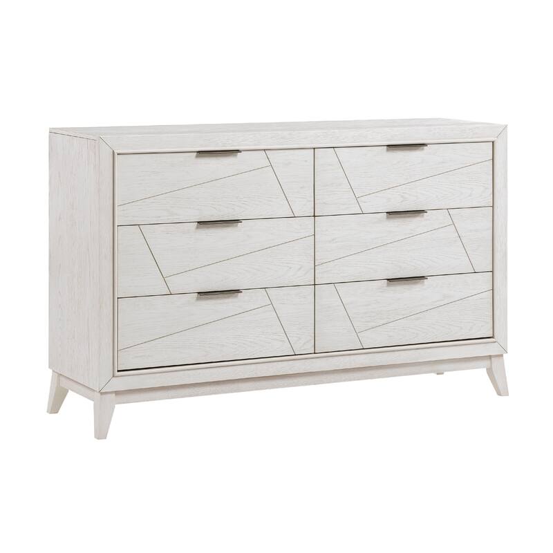 Zine 62 Inch Dresser, 6 Drawers, Antique White Wood, Black Handles