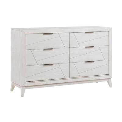 Zine 62 Inch Dresser, 6 Drawers, Antique White Wood, Black Handles