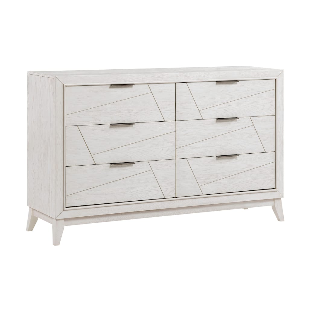 Zine 62 Inch Dresser, 6 Drawers, Antique White Wood, Black Handles