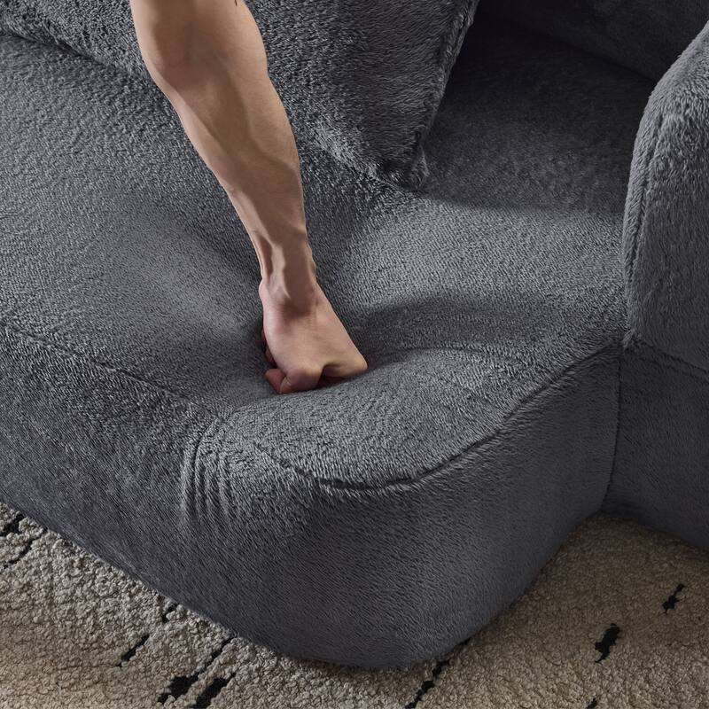 Transformable Sectional Sofa with 3 Ottomans - Fold-Out Bed, Light Grey Chenille Lounger in Faux Fur