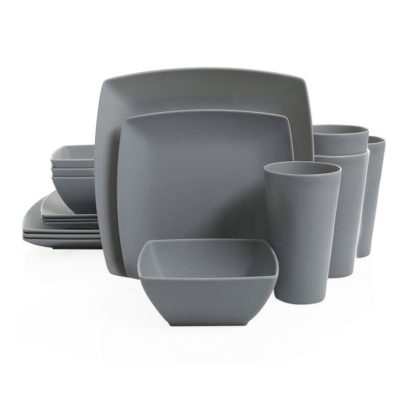 Gibson Home 16 Piece Square Dinnerware Set Plates, Bowls, & Cups, Grey (3 Pack)