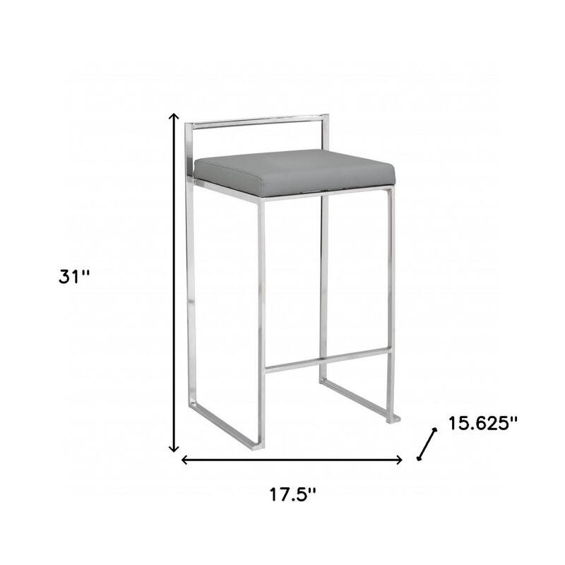 Modern Grey Faux Leather Bar Stool with Chrome Legs Backless Seat and Footrest for Kitchen Island