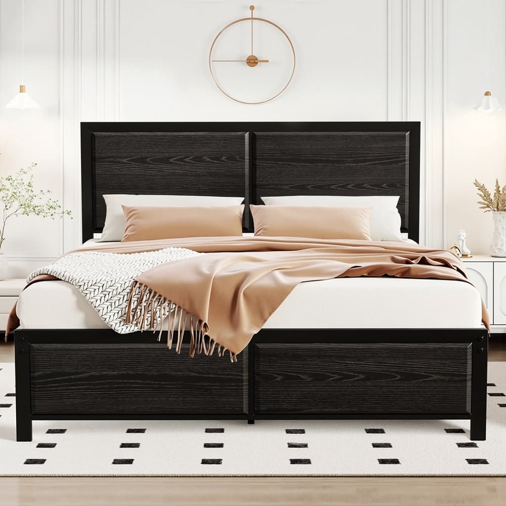 VECELO Platform Bed Frame with Wooden Headboard Heavy Duty Steel Slats Support No Box Spring Needed