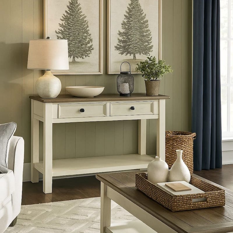 Sofa Table With Plank Style Top and 2 Gliding Drawers, Brown and White
