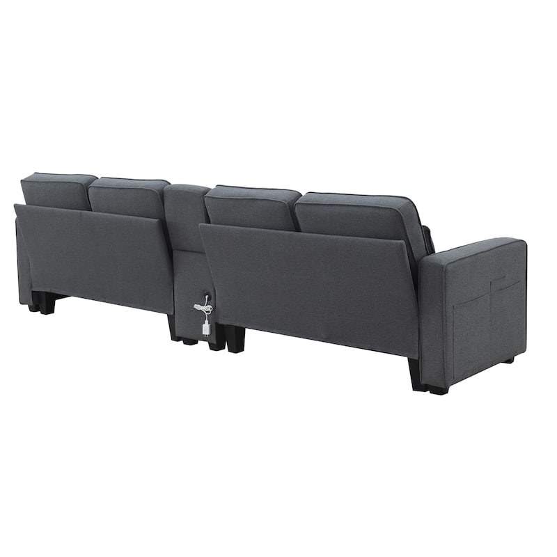 Modern 4-Seat Sofa with Console, Wireless Charging, 2 Cupholders, and 4 Pillows, Upholstered in Linen Fabric