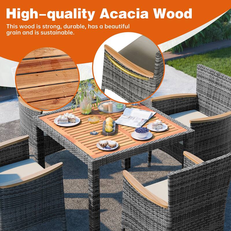 5-Piece Outdoor Wicker Dining Set with Wood Desktop Table and Chairs - N/A
