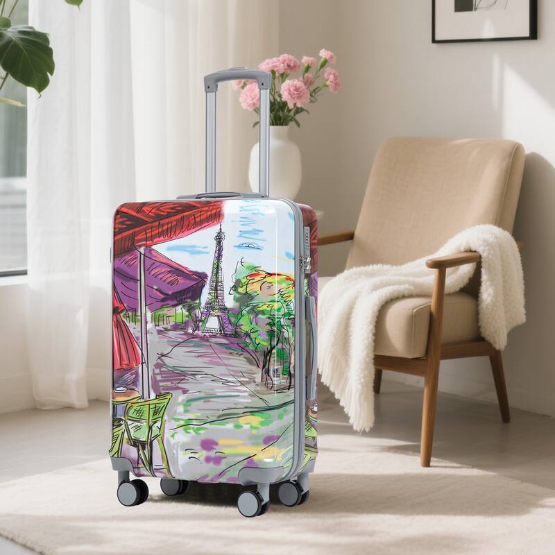 3 Pcs Lightweight ABS Hardside Suitcases, 20"/24"/28" Carry on Suitcase with Printed Pattern and Tsa Lock and Spinner Wheels
