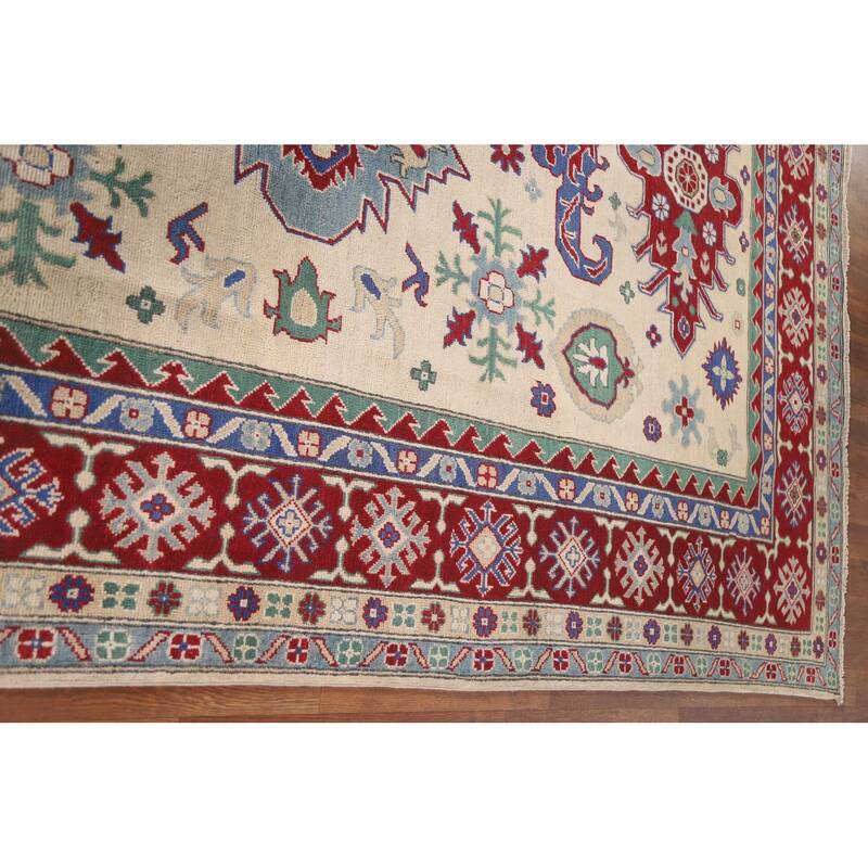Hand Knotted Oriental 100% Wool Carpet Traditional Geometric Beige & Ivories Kazak Area Rug - 10' 1'' X 6' 7''