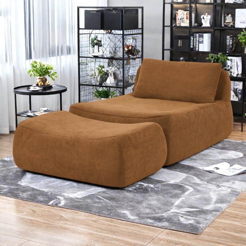 Chenille Bean Bag Chair with Ottoman Waist Pillow and Large Memory Foam Lounger for Adults - Orange