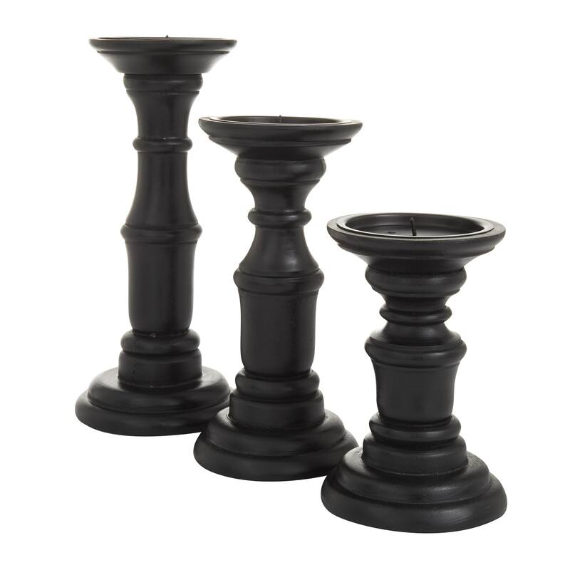 Gold, Black or White Mango Wood Turned Style Pillar Decorative Candle Holder (Set of 3)