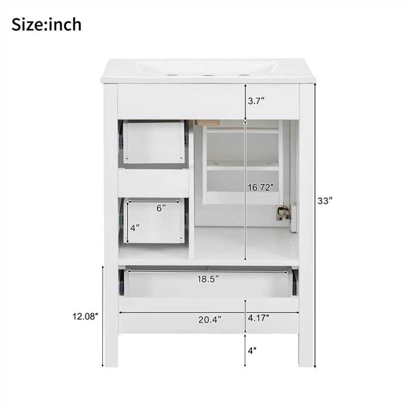 Modern 24" Bathroom Vanity with Ceramic Sink - Soft-Close Door with Double Shelf, 3 Drawers,for Small Spaces