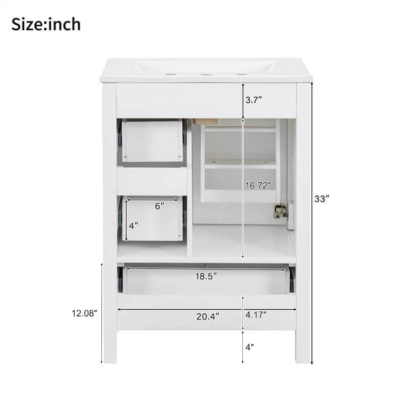Solid Wood Frame Bathroom Vanity Cabinet with Ceramic Sink, Space-Saving 24-Inch Vanity