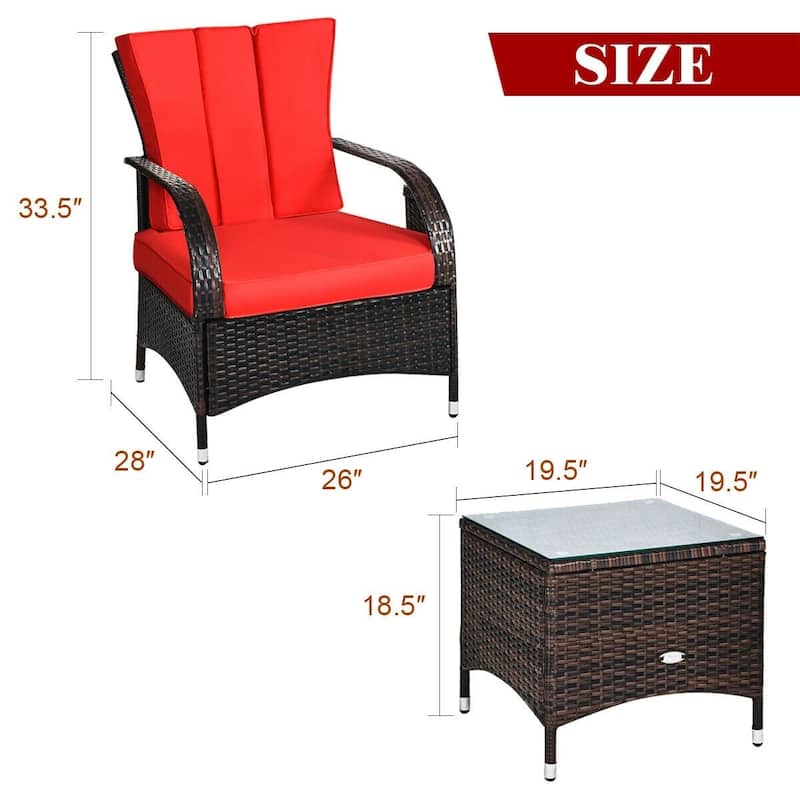 3PCS Rattan Coffee Table Set Chair - 26" x 28" x 33.5" (L x W x H)