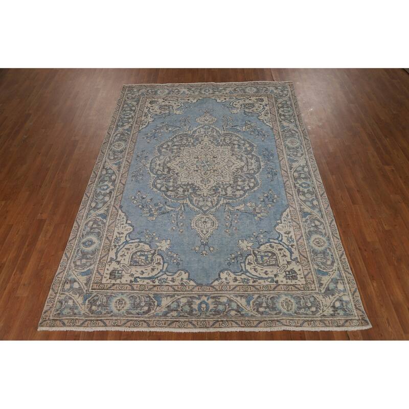 Blue Tabriz Persian Area Rug Handmade Traditional Floral Wool Carpet - 6'7"x 9'6"