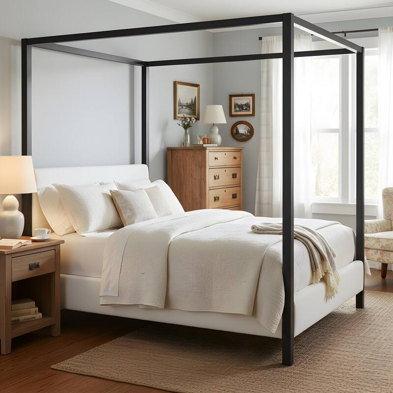 Christopher Knight Home - Mid-Century Modern Bouclé Upholstered Metal Canopy Bed Frame with Padded Headboard